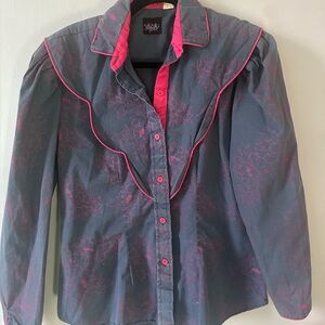 Vintage 80s Western Disco Blue and Hot Pink Floral Blouse